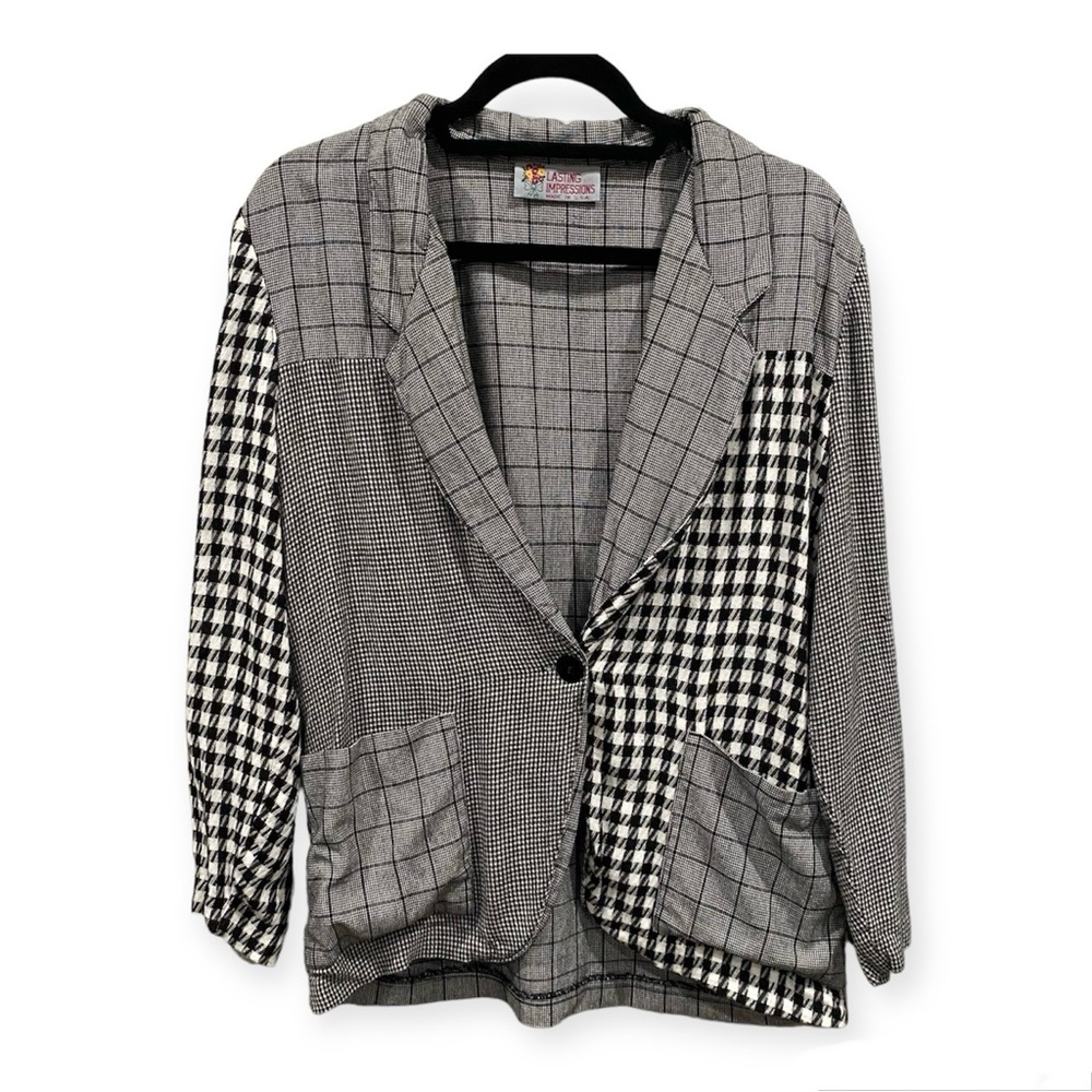 Vintage Lasting Impressions Mixed Media Plaid Houndstooth Relaxed Blazer Pockets